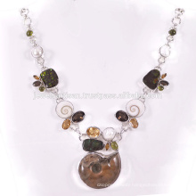 Natural Ammonite And Multi Gemstone 925 Sterling Silver Necklace